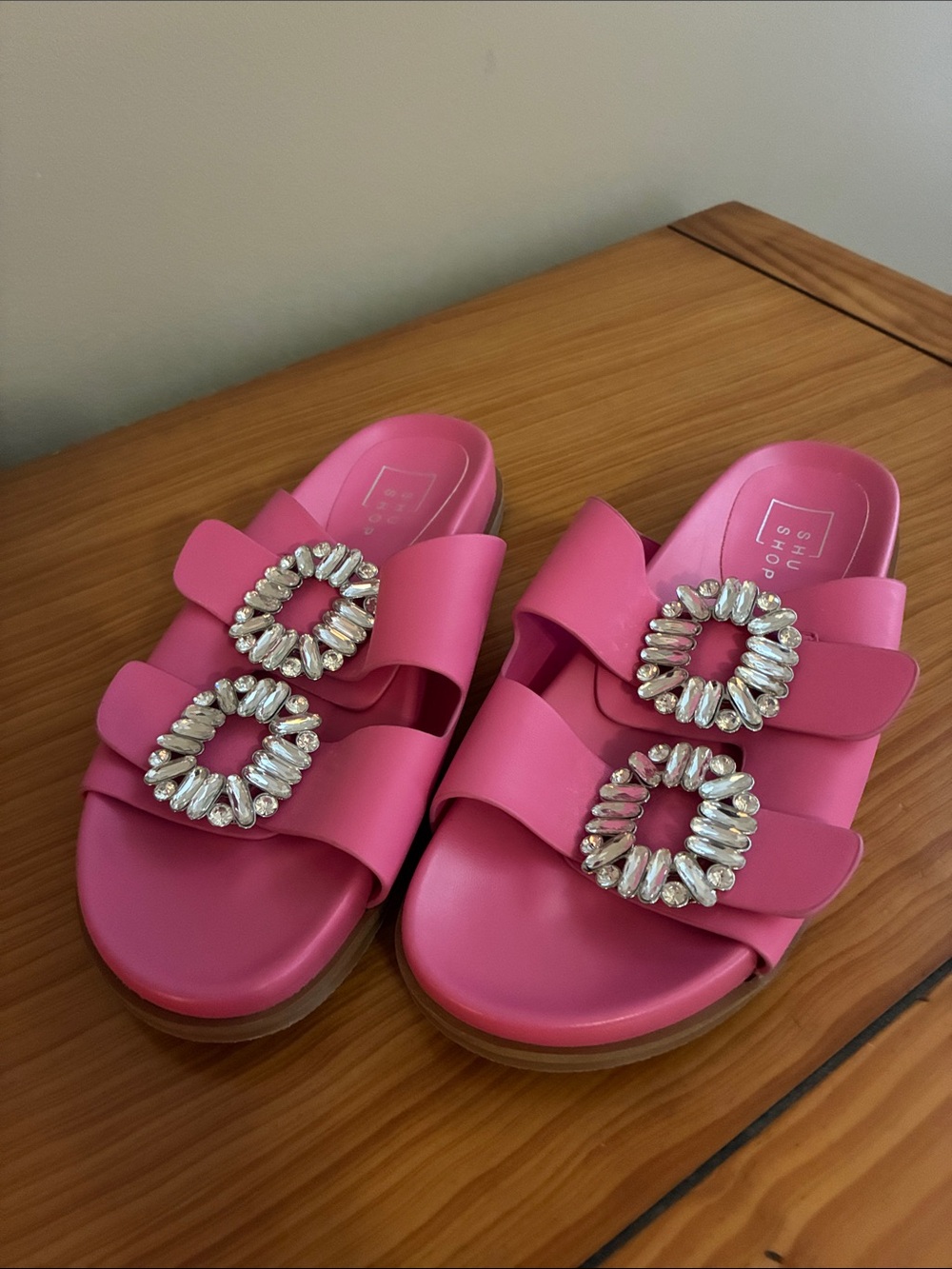ShuShop Hot Pink Jeweled Double-Strap Slide Sandals